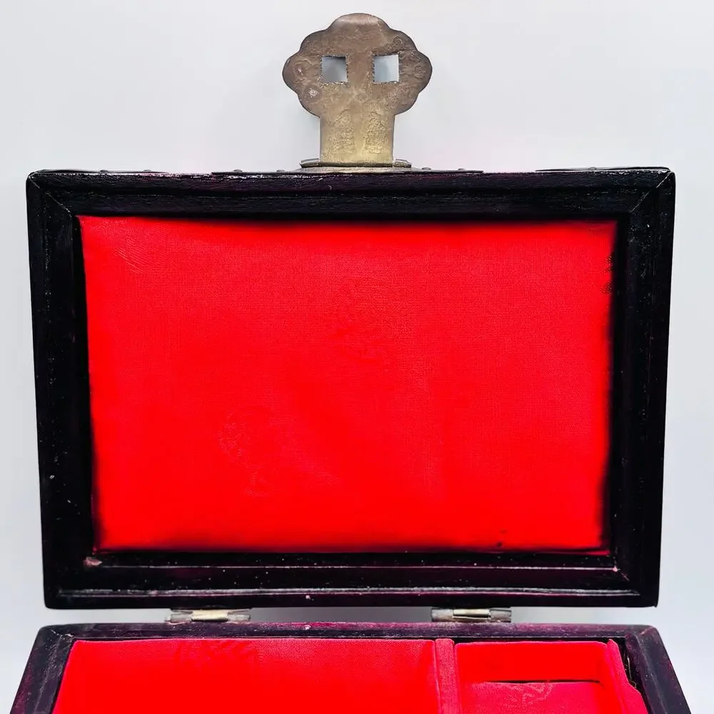 Chinese Hangzhou Wood Jewelry Box Carved Green Stone Metal Hardware